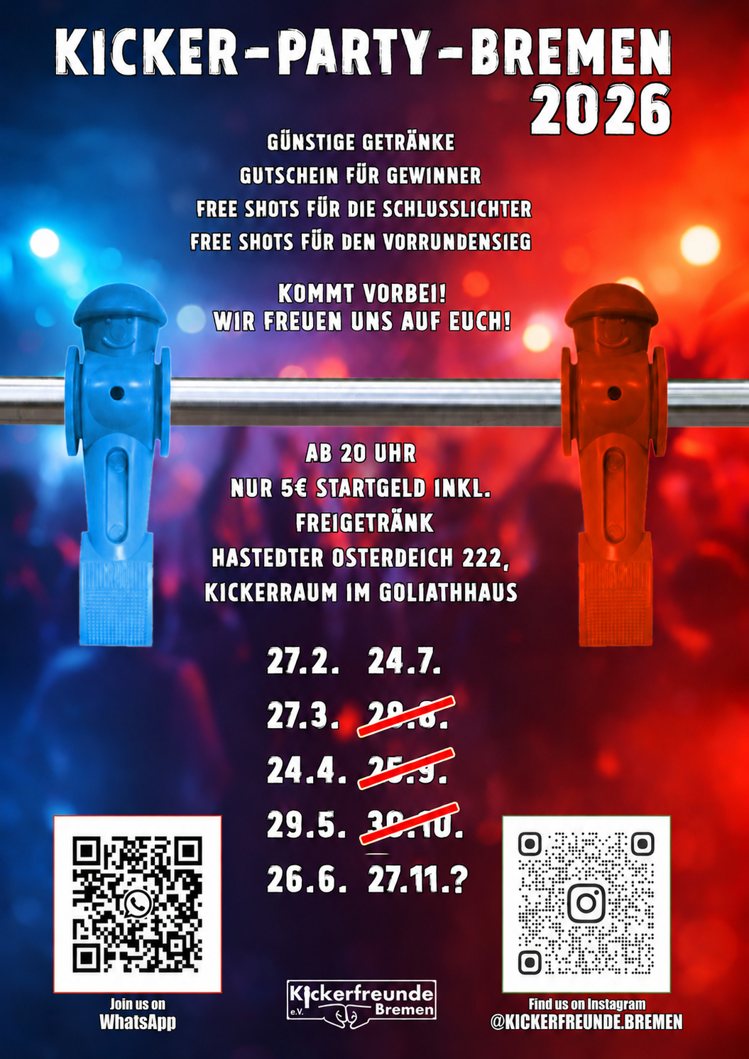 Plakat zur Kickerparty 2026: 28.8., 25.9. und 30.10. durchgestrichen; 27.11. mit Fragezeichen – Veranstaltung derzeit abgesagt